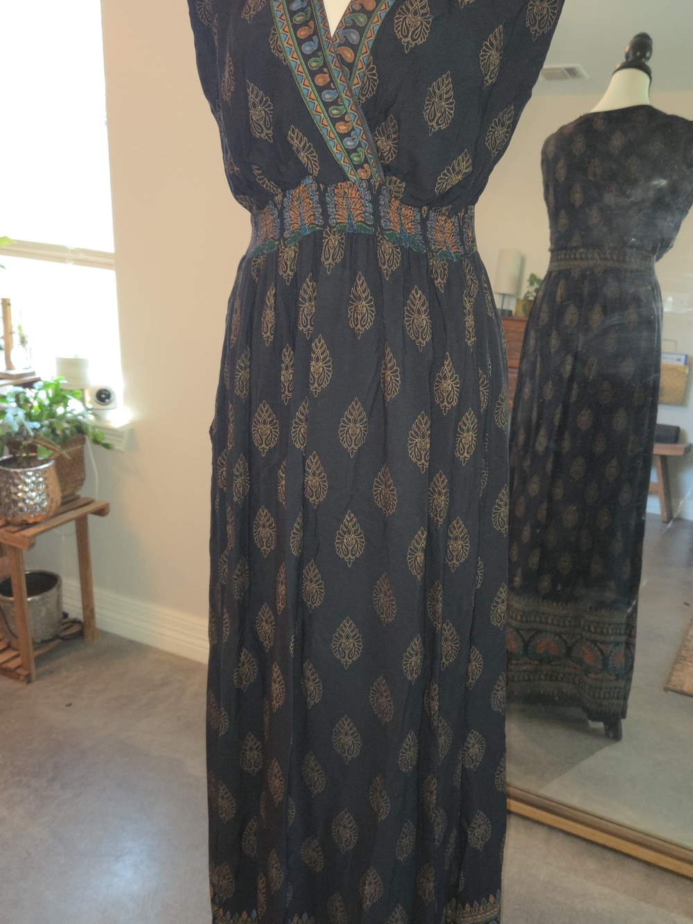 Black Maxi Dress with Gold Block-Print and Smocked Waist